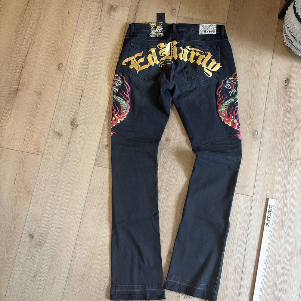 Ed Hardy Men's Stacked Bootcut Jeans Black Dragon Embroidered Y2K Size 34 NWT
